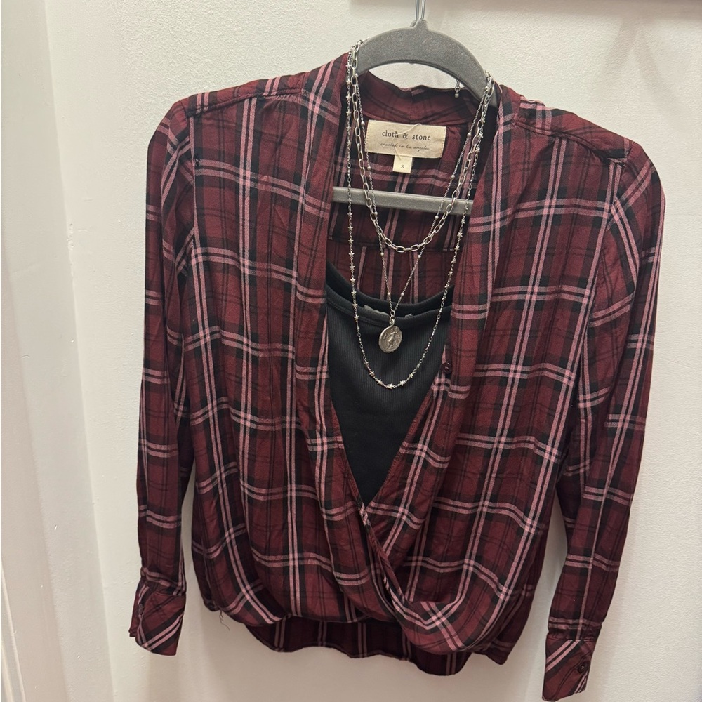 Cloth & Stone Burgundy Plaid Wrap Blouse